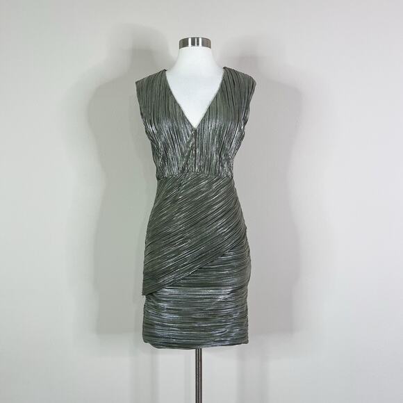 Maje | Romea Metallic Green Plisse Bandage V Neck Designer Mini Dress 38 Medium - Picture 2 of 12
